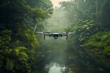 A small plane flies over a river in the middle of a dense forest, captured from a slight elevation with a front-facing view