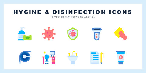 10 Hygiene and disinfection Flat icons pack. vector illustration.