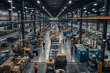 A large warehouse bustling with activity as technicians move between workstations and automated machines, filled with boxes - obrazy, fototapety, plakaty