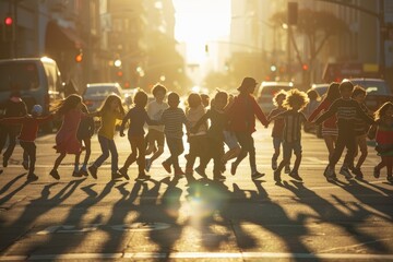 A wide-angle rear view captures a diverse group of children holding hands and running across a bustling urban street as the setting sun casts a warm glow - obrazy, fototapety, plakaty