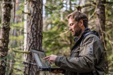 A forest ranger standing in a forest, using a laptop computer to analyze real-time data collected by drones