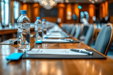 Rows of bottled waters and notepad await participants in a neatly organized business meeting setting