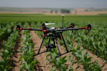 A drone hovers above a corn field, capturing a unique aerial perspective of the crop below