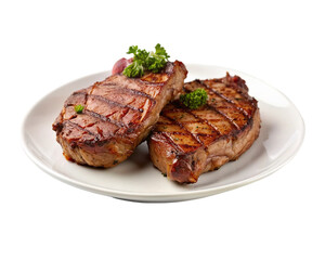 Grilled meat steak on white plate. isolated on transparent background.