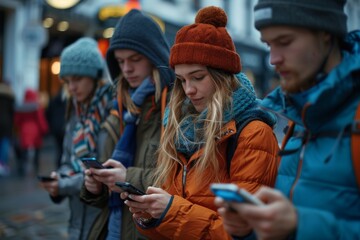 A group of young adults engrossed in their smartphones on a winter day, showcasing modern connectivity - obrazy, fototapety, plakaty