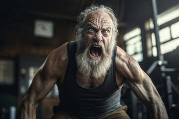 Fototapeta na wymiar Fierce senior man lifting weights at gym