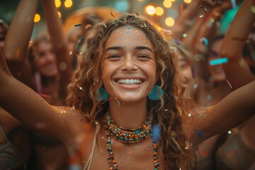 A beaming woman surrounded by partying crowd and confetti captures the essence of celebration and happiness - obrazy, fototapety, plakaty