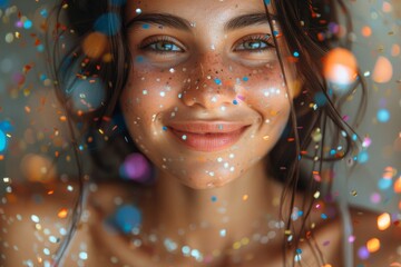 A close-up portrait of a smiling young woman with freckles and colorful glitter on her face