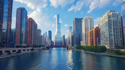 Naklejka premium Modern tower buildings, or skyscrapers, pierce the sky in the financial district