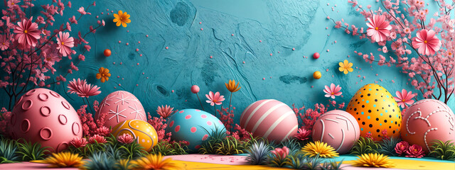 Vibrant easter eggs among flowers against a cheerful blue background