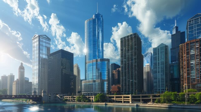 Modern tower buildings, or skyscrapers, pierce the sky in the financial district