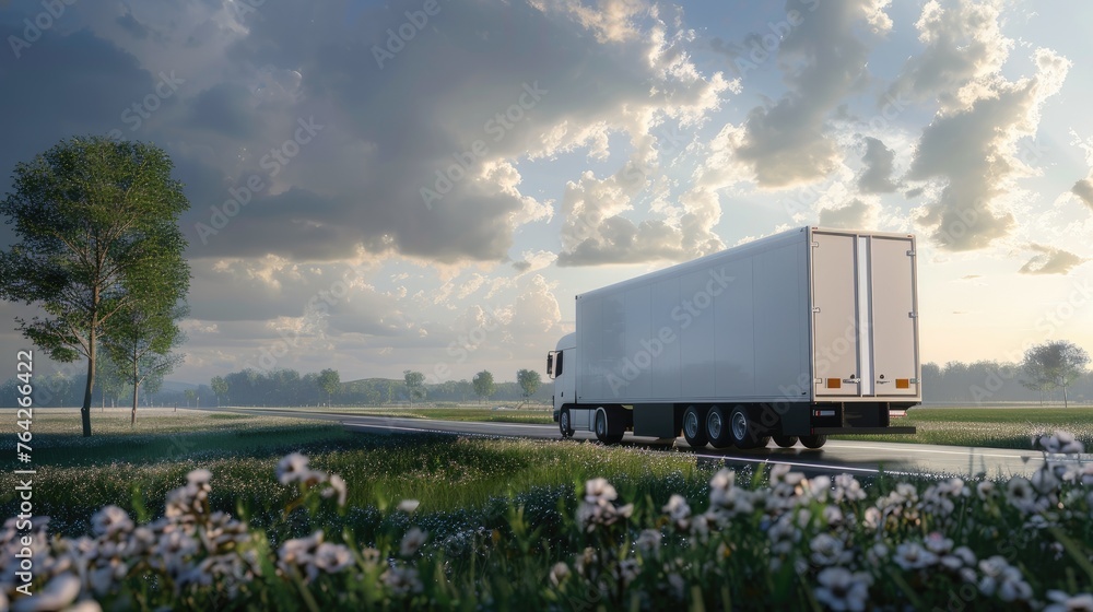 Wall mural a refrigerated trailer in motion, designed with meticulous attention to detail, as it commands the road with remarkable realism and presence.