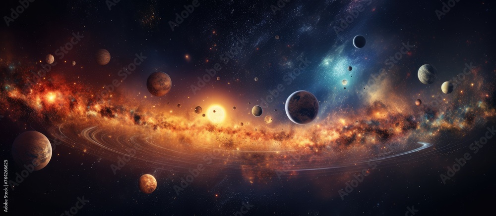 Poster a celestial scene depicting a cluster of planets amidst stars in the outer space