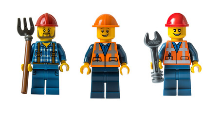 Naklejka premium Set of 3 lego figures. Farmer, mechanic, construction worker