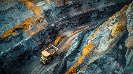 In the expansive terrain of an open pit mine, a colossal yellow mining truck