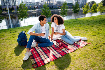 Full body portrait of cheerful nice people sit blanket lawn hold coffee cup talk enjoy warm weather...