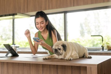 Young asian woman working with tablet and enjoying with her dog in the kitchen at home