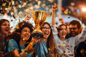 Group of people holding a gold trophy, cheering for their favorite team