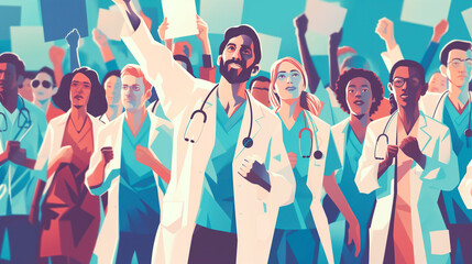 A group of people in medical uniform, a rally of doctors with the unity and determination of healthcare professionals. Concept: medical workers, strike or social issues in health and clinics - obrazy, fototapety, plakaty