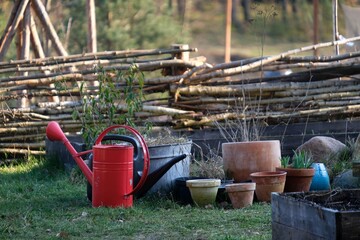 Red watering can and little flowerpots stand in garden near wooden fence. Spring cleaning in the garden.