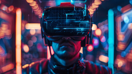 Man wearing futuristic VR glasses Gaming Experience. An exciting virtual reality adventure. Neon color background