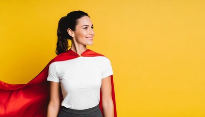 Confident woman wearing superhero cape on yellow background with copy space