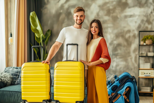 Happy cheerful smiling loving married couple with packed up suitcases, waiting ready for summer holiday. Standing together in living room at home. Traveling or vacation concept