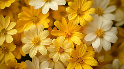 Fototapeta na wymiar yellow and white flowers, yellow floral background, spring 