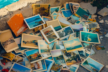 A heap of printed travel photographs strewn on the ground, echoing memories and the wanderlust spirit. Lost or forgotten memories concept - obrazy, fototapety, plakaty