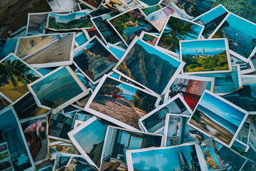 A heap of printed travel photographs strewn on the ground, echoing memories and the wanderlust spirit. Lost or forgotten memories concept