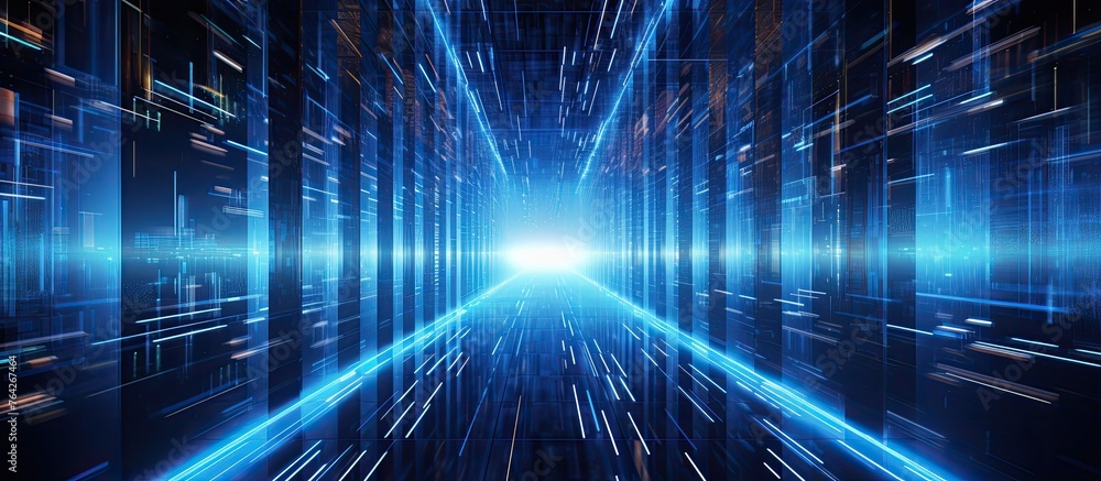 Poster a tunnel with a blue hue is illuminated by streaks of light and lines creating a futuristic and dyna