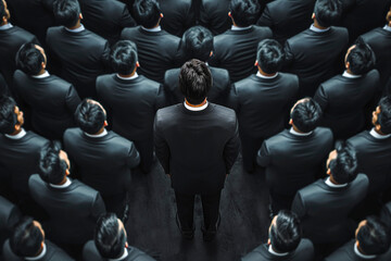 How To Be Productive, Businessman Standing to stay ahead, Successful team leader, manager, CEO, market leader, and other business-leading concepts, Standing out from the crowd, Unique among - obrazy, fototapety, plakaty