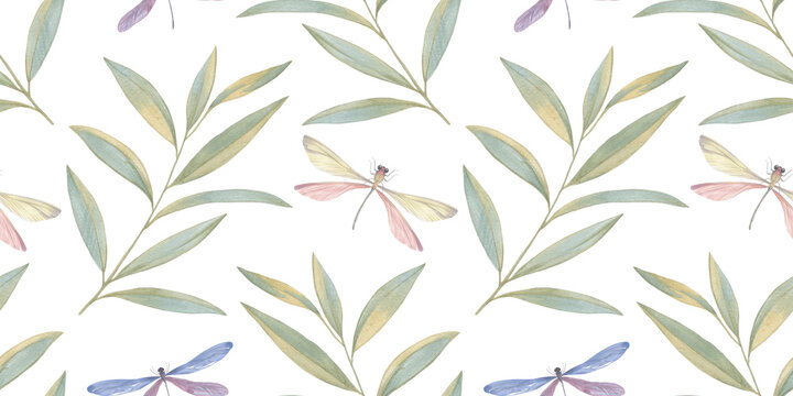 abstract background for design of wallpaper, print and packaging, endless ornament of butterflies and dragonflies and leaves, seamless botanical pattern drawn in watercolors by hand.