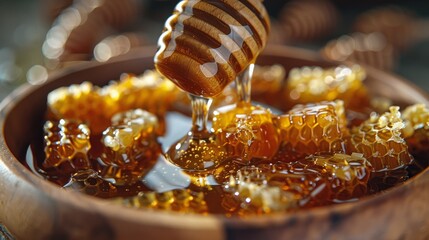 Wooden Bowl Filled With Honey on Table