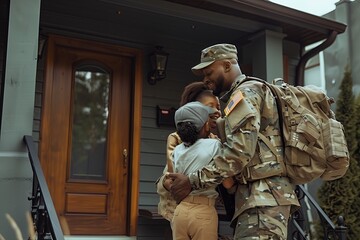 Military service man coming home greeting kids