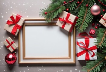 Fototapeta na wymiar Merry Christmas, frame of spruce branches gifts and christmas tree decorations. Template, new year concept, copy space.