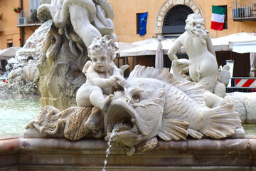 Detail of Fountain of the Moro at Piazza Navona in Rome, Italy	