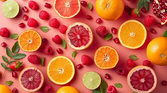 commercial healthy food background featuring a vibrant assortment of citrus fruits, berries, and mint leaves on a pink surface, symbolizing freshness and vitality