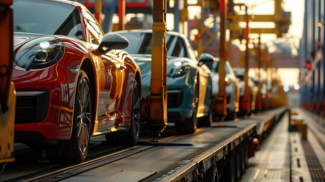 New cars are loaded on auto racks at the car factory