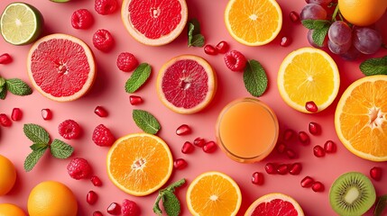 Commercial healthy food visual feast: a colorful array of fresh fruit including oranges,...