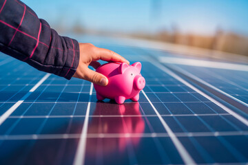 Man hand next to solar panels with a pink piggy bank on them, suggesting savings when using solar panels - obrazy, fototapety, plakaty