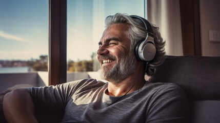  Mann mit grauem Bart und Haar, der entspannt auf einer Couch liegt und Musik über Kopfhörer hört - obrazy, fototapety, plakaty