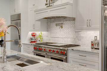 Dream Chef Kitchen with Farmhouse Décor, Large Stove Top, Pot Filler and Stainless Steel Appliances
