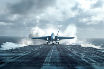 Military Aircraft Launches from Carrier Deck in Open Waters. Launch From the Nuclear Aircraft...