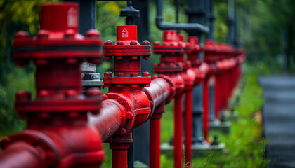 Fototapeta na wymiar A row of red color fire fighting water supply pipeline system, Red pipeline system: fire fighting water supply, A red pipe with red valves on it. The image has a mood of danger and caution