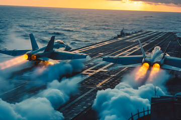 Military Aircraft Launches from Carrier Deck in Open Waters. Launch From the Nuclear Aircraft...