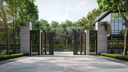 A contemporary villa gate design with clean lines, innovative materials like concrete and glass panels