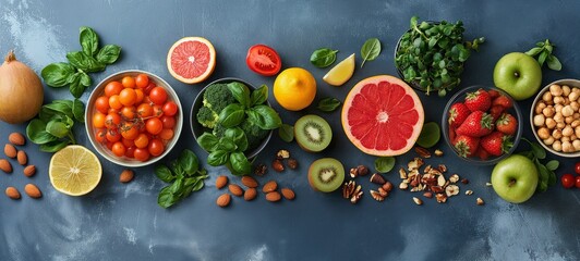healthy food composition for commercial use, featuring a colorful array of fruits, vegetables, and nuts, symbolizing balanced nutrition and natural wellness