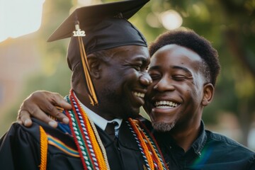 Cheerful two man student having graduation, life style, free space for text. Two friend holding each other.