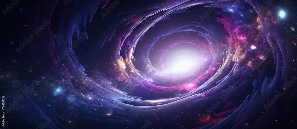 Poster capture a stunning image of a galaxy displaying a spiral shape and featuring a luminous source at on